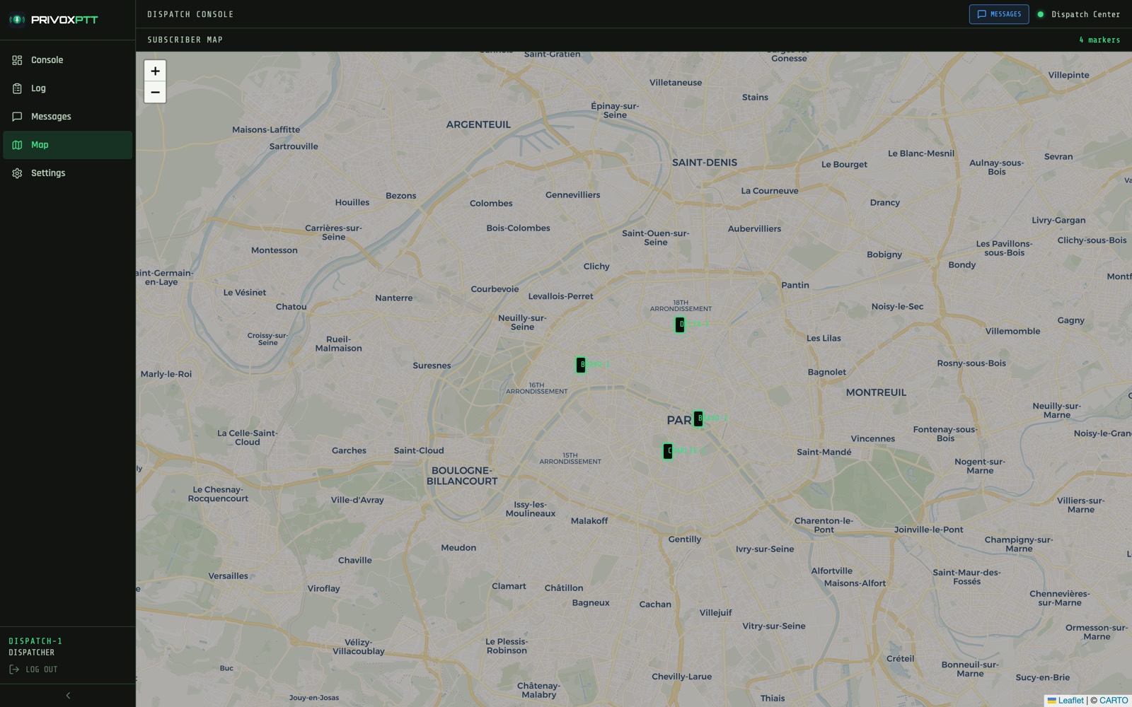 Dispatcher map with subscriber markers and callsigns in real time